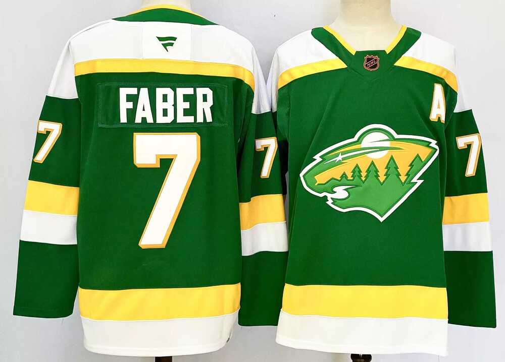 Mens Minnesota Wild #7 Brock Faber Green 2024-25 Alternate With A Patch Stitched Hockey Jersey